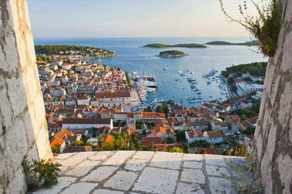 Panoramic photo of Hvar Town at sunset taken from the Spanish Fort (Tvrdava Spanjola), Hvar Island,