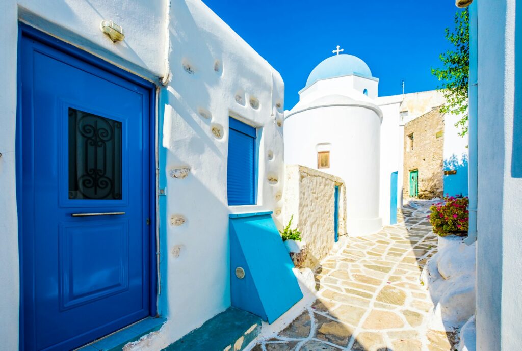 Traditional greek street in Lefkes, Greece