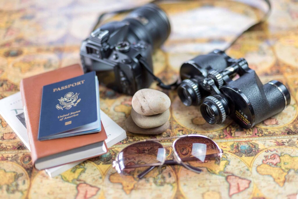 Travel Adventure Flat Lay With Passport, Digital Camera, Binocul