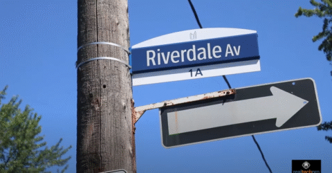 Toronto street sign mounted on a wooden utility pole showing 'Riverdale Av' with '1A' below it on a blue and white sign, accompanied by a black directional arrow sign pointing to the right, photographed against a clear blue sky with green foliage visible in the background.