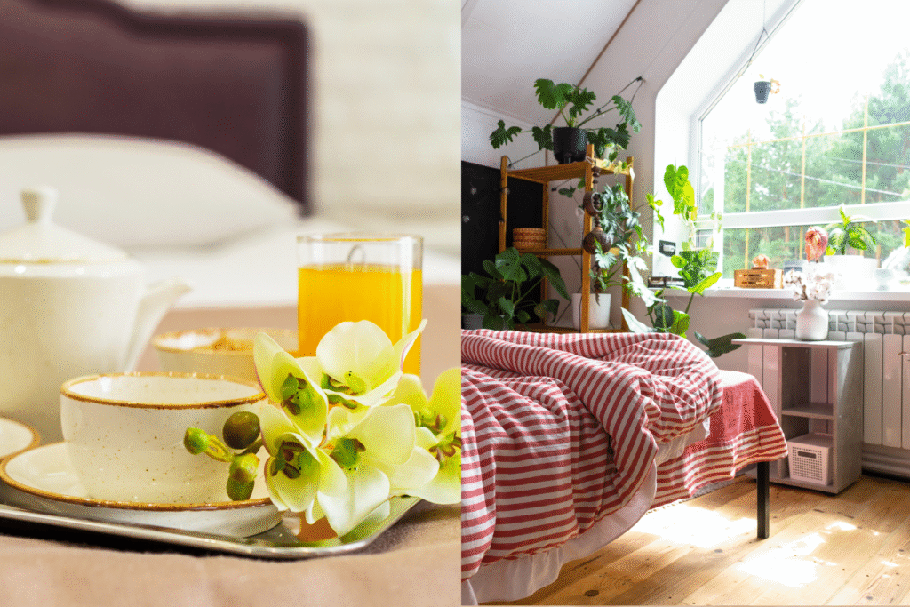 a collage of a hotel room and airbnb with a bed and a cup of tea