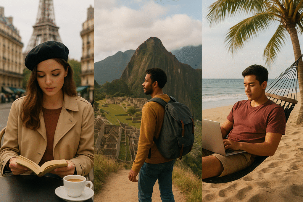 images of solo travellers in Paris, Peru and beach